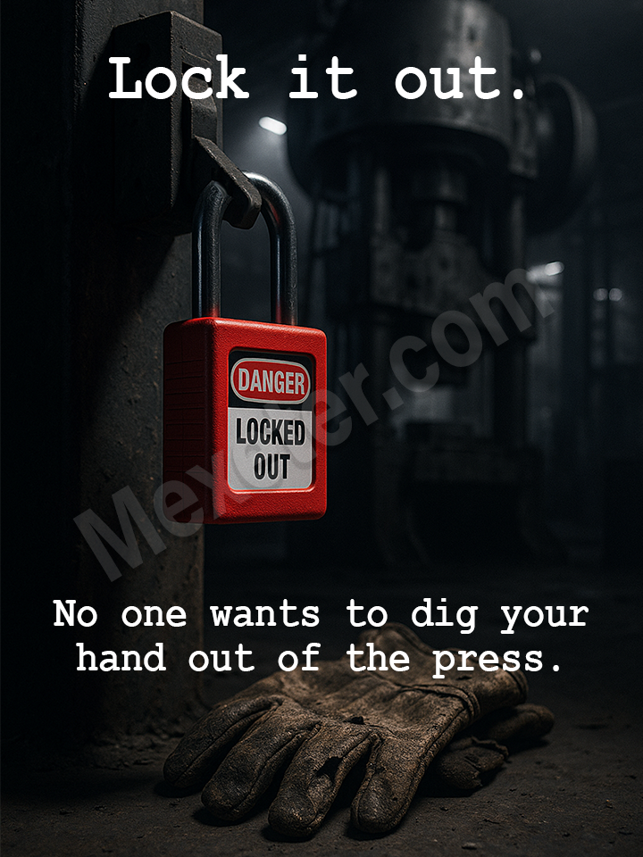 Work Safety Poster - Lock It Out. No One Wants to Dig Your Hand Out of the Press